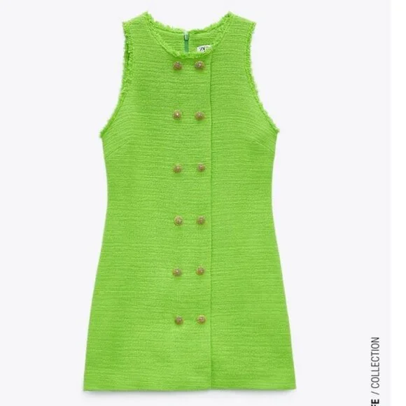NWT ZARA Textured Weave Dress With Buttons M Green - Picture 12 of 13